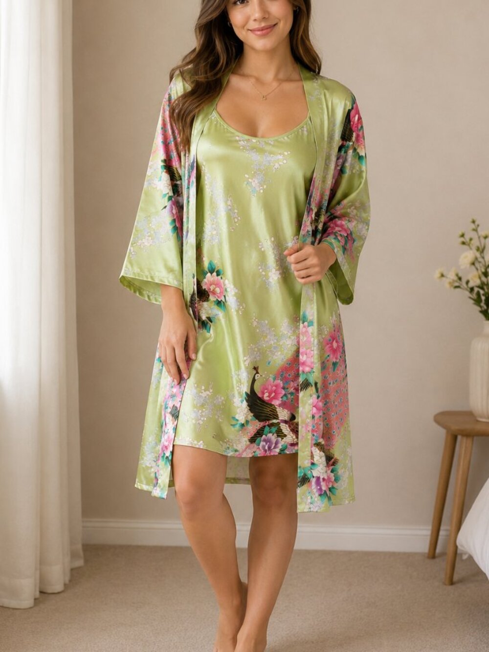 Nightgown Robe Set Small Green Satin Peacock Belted Lounge PJ's Resort Vacation